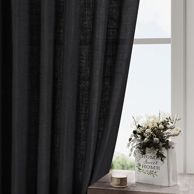 Nanspring Black Cafe Curtains 48 Inch Length Set 2 Panel Back Tab Pocket Semi Sheer Short Linen Black Curtain Tiers for Small Bathroom Window Basement 52x48