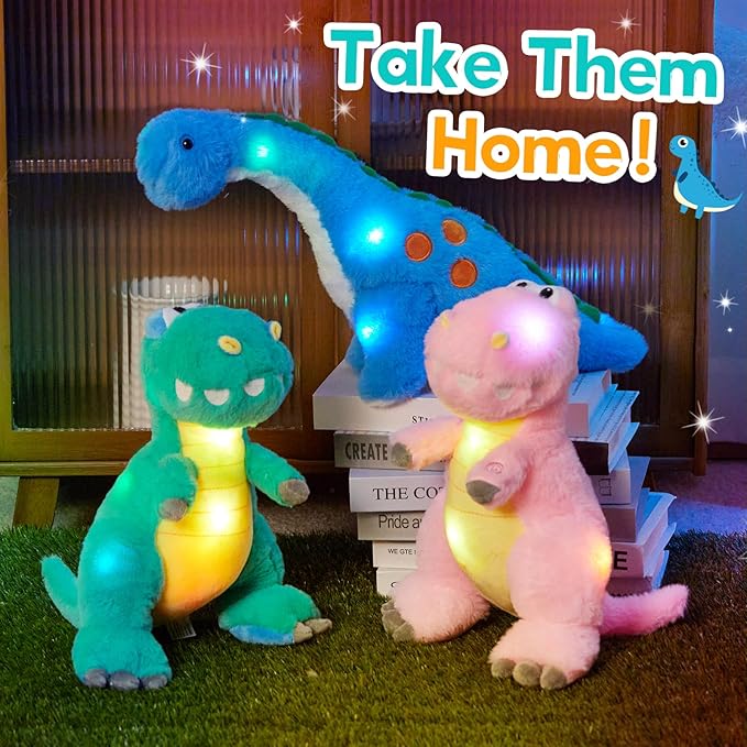 Houwsbaby 13'' Green LED Glowing Dinosaur T-Rex Light Up Stuffed Animal Night Light Plush Toy Hugging Soft Kawaii Gifts for Kids Boys Girls Decoration Holiday Birthday Present