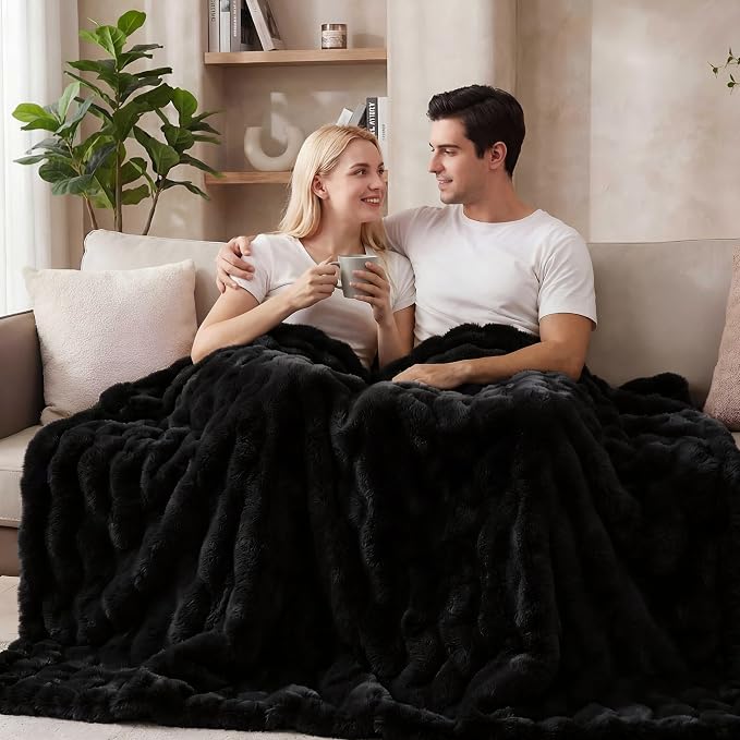 ORINOVA Black Fluffy Thick Fur Throw Blanket 50x60 for Bed Couch Office Chair Bunny Soft Blanket for Adults Gift Home Living Room Decorative Decor 860 GSM