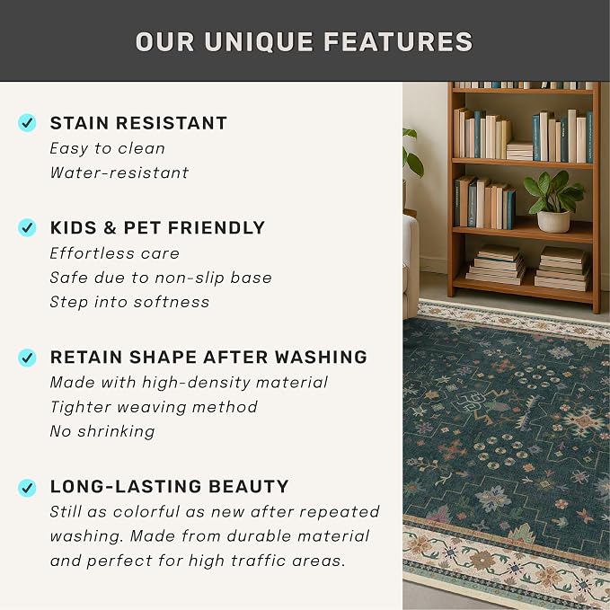 Hazo Haus Washable 3x20 Dark Green Hallway Runner Rug - Modern Vintage Boho Long Wide Runner Rugs for Kitchen, Eclectic Floral with Brown Accent, Low Pile Stain Resistant