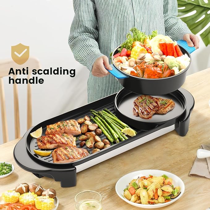 Electric Hot Pot with Grill Indoor Korean BBQ Grill Shabu-shabu Hotpot, Removable Hotpot Pot W/Large Capacity Baking Tray, Smokeless Non-Stick, 5-Gear Adjustable Temperature, 1-6 People 110V