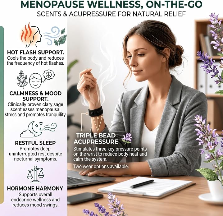 Menopause Cooling Bracelet - Acupressure Wristband Infused Scent | Hot Flashes Relief, Sleep and Mood Support, Slip-On Knit Elastic Band, For Women