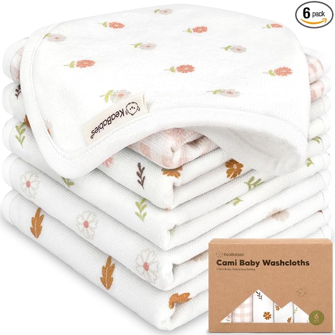 6-Pack Cotton Baby Washcloths for Newborn - Organic Cotton Muslin Soft Wash Cloths for Babies, Infant, Kids, Toddler Towels for Boy, Girl, Super Absorbent Face Cloths, Scratch-Free Baby Rags (Petals)