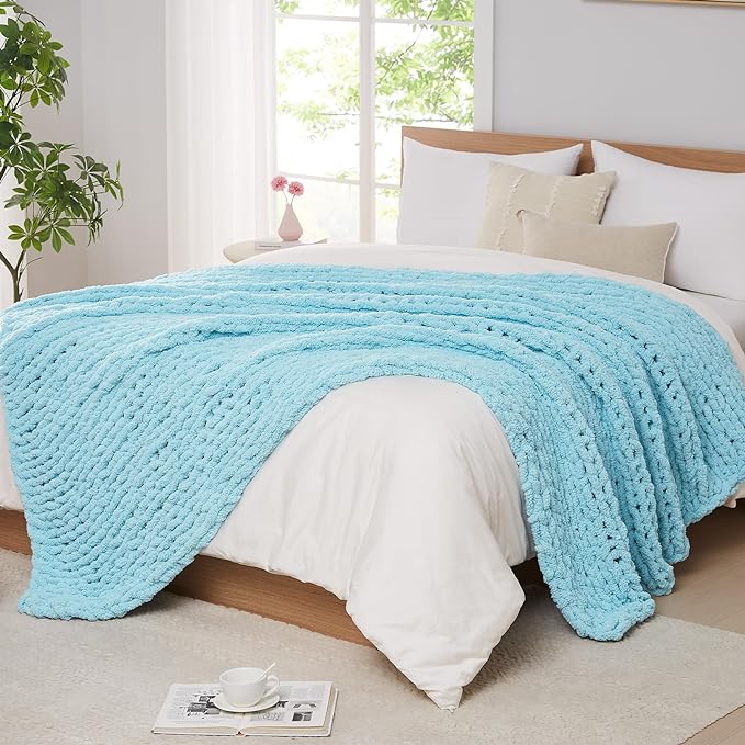 L'AGRATY Chenille Chunky Knit Blanket, Light Blue, 50x60, Heavyweight Throw Blanket for Home Decor | Handmade Chenille Crochet Blanket for Sofa Bed, Thick Cable Knitted Blankets for Room Home Decor, Birthday Gift for Women Mom