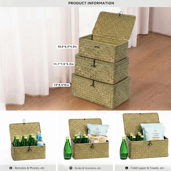 Nonam Storage Basket with Lid, Natural Seagrass Bin with Lid Set of 3, Shelf Baskets Multipurpose Container for Boho Decoration, Rectangular Storage Boxes for Home Organization- Dark Moss Green