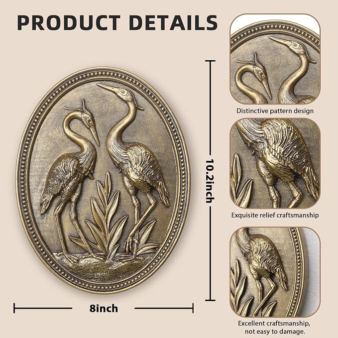 Vintage Crane Wall Sculpture, Antique Wall Decor, Crane Wall Art, Hand Painted Wall Decoration with Embossed Couple Birds Design, Heron Wall Art, Vintage Wall Decor for Living Room Bedroom Dining Room Hallway, Housewarming Gifts