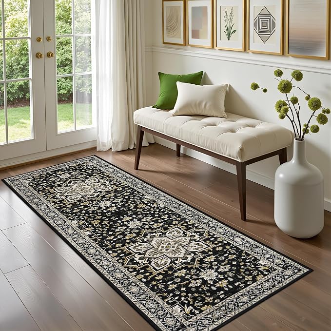 Hallway Runner Rug Non Slip - Washable 2.6x8 Kitchen Rugs for Living Room, Low-Pile Soft Bedroom Rug Indoor Floor Stain Resistant Carpets for Entryway, Laundry, Bathroom Black Gold