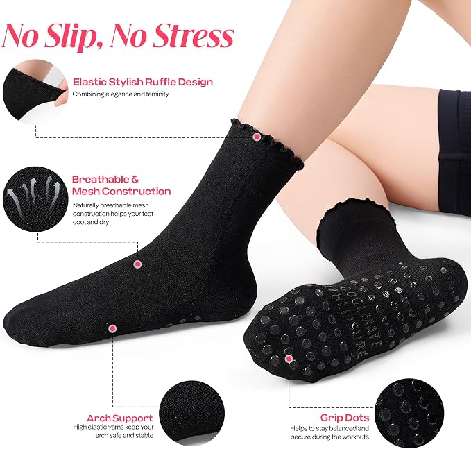 COOLMATE Pilates Socks with Grips for Women, Yoga Socks, Crew Non Slip Women for Barre, Pilates Gifts for Women