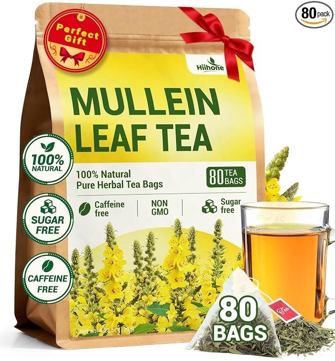 Mullein Leaf Tea Bags for Lung Support, 80 Tea Bags, Herbal Tea from Mullein Leaves, Caffeine Free, No Sugar