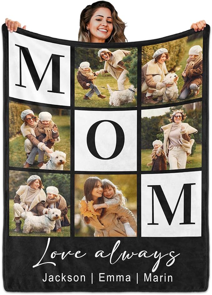 Custom Mom Blanket with 6 Photo & Text, Personalized Birthday Blanket with Picture for Mother, HD Printing Customized Flannel Throw Blanket Gifts for Best Mom Ever