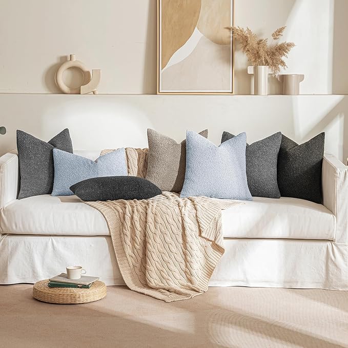 MIULEE 18x18 Decorative Lumbar Boucle Couch Pillow Covers Sky | Set of 2 Textured Neutral Throw Pillow Covers, Accent Solid Pillowcases, Sofa Living Room Home Decor