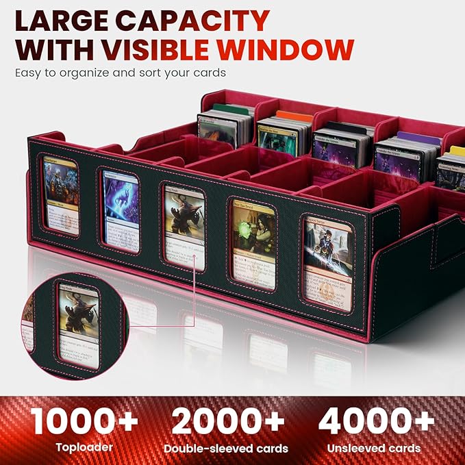 Red Trading Card Storage Box with Handle,5-Row Portable Deck Case for 4000+ Cards, Leather Card Collection Case with Commander Display Window for MTG, Yugioh, and Sports Cards,Gifts for Card Collector