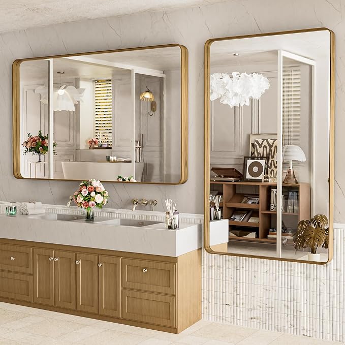 LOAAO 60X40 Inch Bathroom Mirror with Wood Grain Colored Metal Frame | Rounded Rectangle Metal Framed, Anti-Rust, Hangs Horizontally or Vertically, Tempered Glass