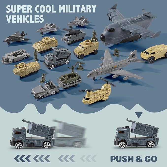 Military Base Toy, Army Toys Set with 14 Vehicles Airplane Tank Trucks Helicopter Fighter Jet, Play Mat with Army Men Action Figures and Accessories, Birthday Gift for Kids