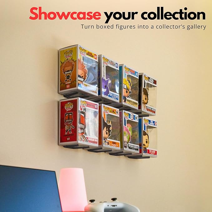 Modern JP Adhesive Display Shelf for Funko Pop Boxes (16-Pack) – Clean Mount for Funko Pop Display – Easy Adhesive Install – Box-Safe, No-Drill Setup – Black