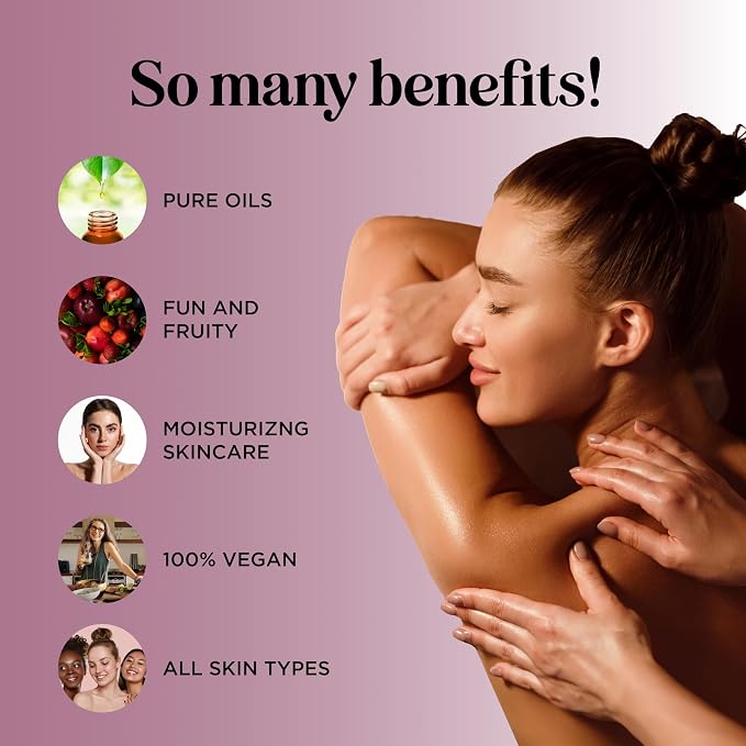 Berry Sensual Massage Oil for Couples - Fun and Fruity Full Body Massage Oil for Date Night with Smooth Gliding Coconut and Sweet Almond Oil with Tempting Berry Scent - Non GMO Gluten Free and Vegan