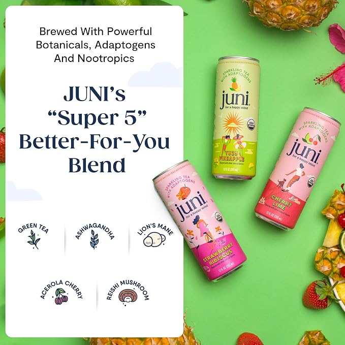 Juni Sparkling Adaptogen Drink with Ashwagandha, Lion’s Mane & Reishi Mushrooms | Green Tea for Focus, Zero Sugar, 5 Calories | Decaffeinated, Non Alcoholic Drinks – Variety Pack (12 Pack)