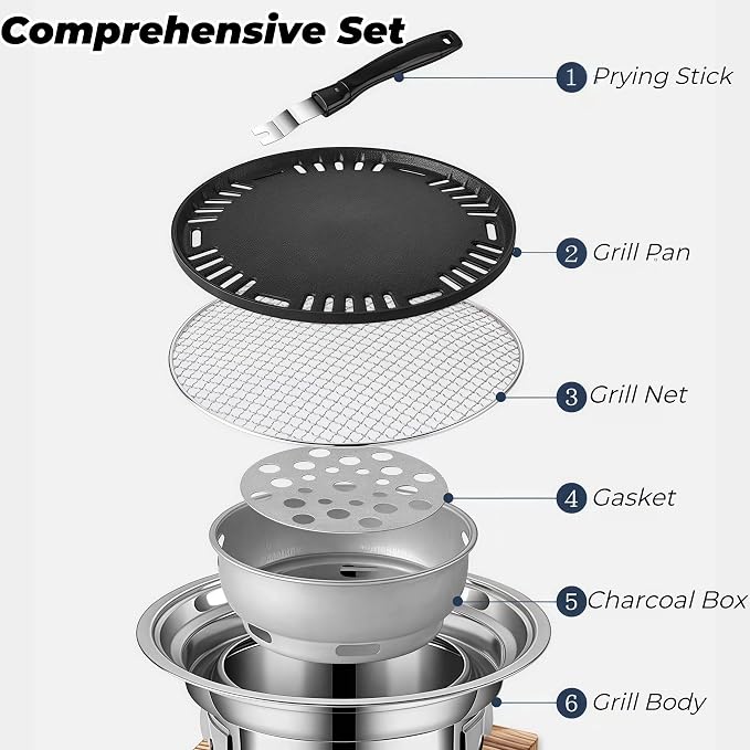 13.7 inch BBQ Charcoal Grill, Stainless Steel Round Korean Barbecue Grill, Portable Indoor Charcoal Grill with Grill Pan & Grill Net, Smokeless, Non-stick, for Indoor Grilling Outdoor Cooking Party