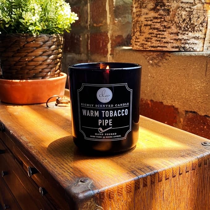 DW Home Warm Tobacco Pipe Scented Candles, 9 oz Single Wick Medium Jar, Up to 33 Hour Burn Time, Strong Long Lasting Woodsy Fragrance, Gifts for Men & Women