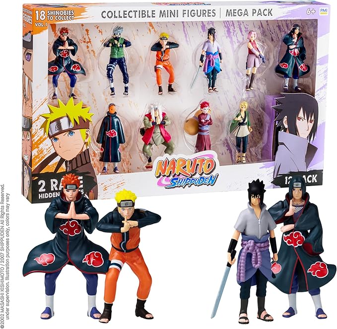 P.M.I. Naruto Shippuden Collectible Mini Figures 12 Pack Deluxe Box | Anime Toy Set Featuring Team 7 Ninjas, Akatsuki, Legendary Sannin & Hidden Rare Shinobi (Assortment A)