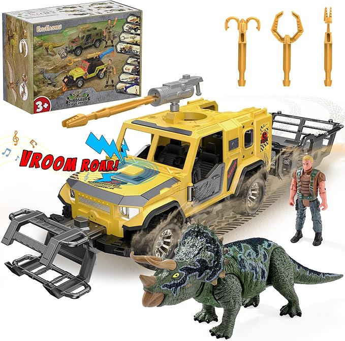 EKU Dinosaur Transport Truck with Trailer and 10 Sounds, Launcher, Clamp, Heads Moves Attack Triceratops Figure, Human, Carrier, Push and Go Adventure Vehicle for Jurassic World Toys Kids Boys Girl 3+