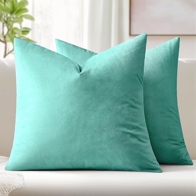 MIULEE 24x24 Inch Pack of 2 Euro Velvet Throw Pillow Covers Aqua Green | Soft Solid Decorative Euro Sham, Modern Luxury Home Decor, for King Bed Sofa Couch Bedroom Livingroom