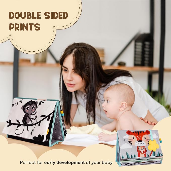 TINITIGIES Tummy Time Mirror for Babies 0-6 Months | High Contrast Black & White Baby Book with Silicone Teether & Crinkle Pages | Sensory Newborn Tummy Time Toys