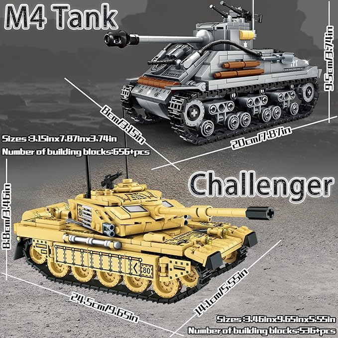 2 Tank Building Blocks, M4 Sherman and Challenger Military Battle Model Kits,Tank Toy Gifts for Boys or Men Collectors
