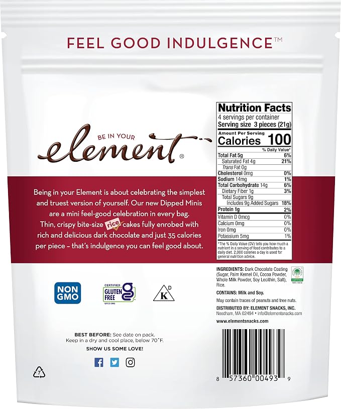 Element Snacks - Dark Chocolate Dipped Minis (Pack of 8) All-Natural Rice, Organic Healthy Snacks for Kids or Adults, Certified Gluten-Free and Kosher