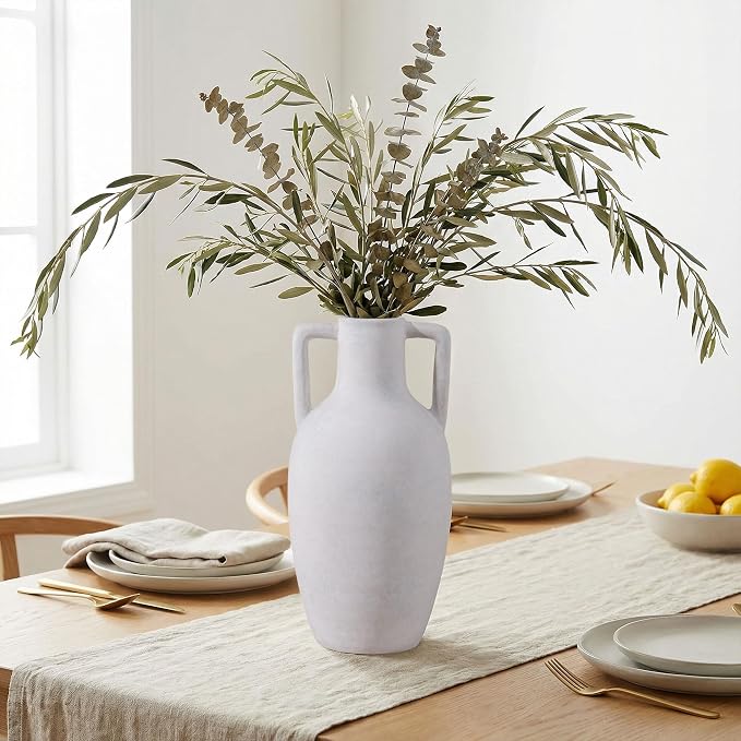 Ceramic Flower Vase with Handles, 12.8 inch Tall Ceramic Vase Farmhouse Rustic Vases Decorative Pottery Vases Large Floor Vase for Home Decor Living Room Table Bookshelf Centerpiece Fireplace, White