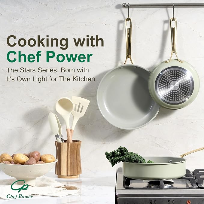 Chef Power Ceramic Frying Pan with Stainless Steel handle 5Pcs Set, Non Stick Grill Pan Set, Dishwasher and Oven Safe, Sage Green and Granite Grey