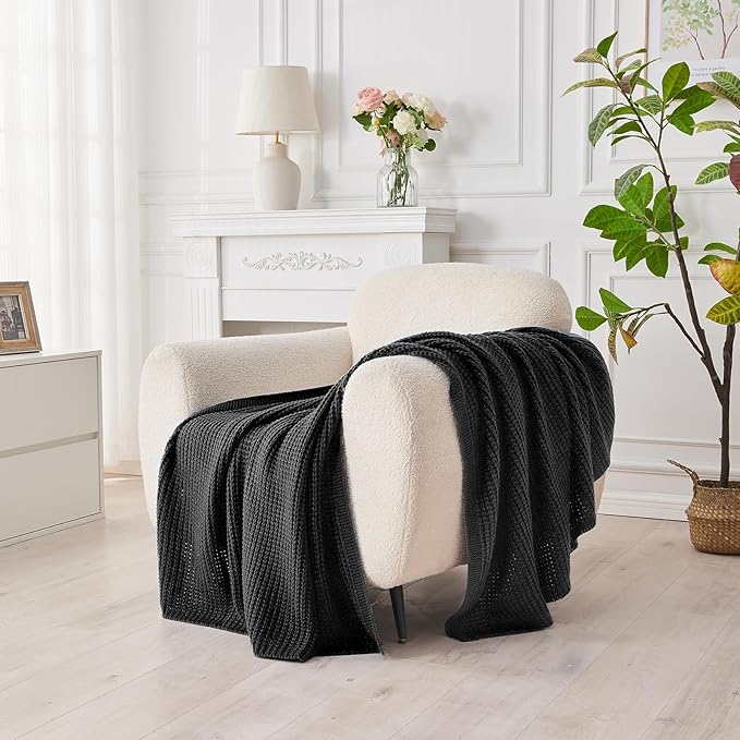 Douceur Black Throw Blanket for Couch, Soft Chunky Cable Knit Throw Blanket, Classic Fisherman's Rib Stitch Pattern Throw for Living Room Gift, 50"X60"