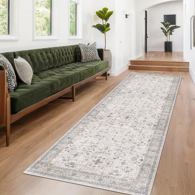 Washable Neutral Kitchen Rug - Modern Boho 3x12 Extra Long Runners for Hallways, Washable Light Gray & Sage Low Pile Entryway Indoor Rug, Non-Slip Stain Resistant Low Pile Throw Carpet