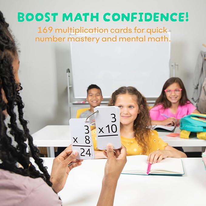 Star Right Multiplication Flash Cards - 169 Hole-Punched Math Study Multiplication Cards with 2 Binder Rings - Times Tables Practice Set for Kids Ages 8 and Up at Home or School