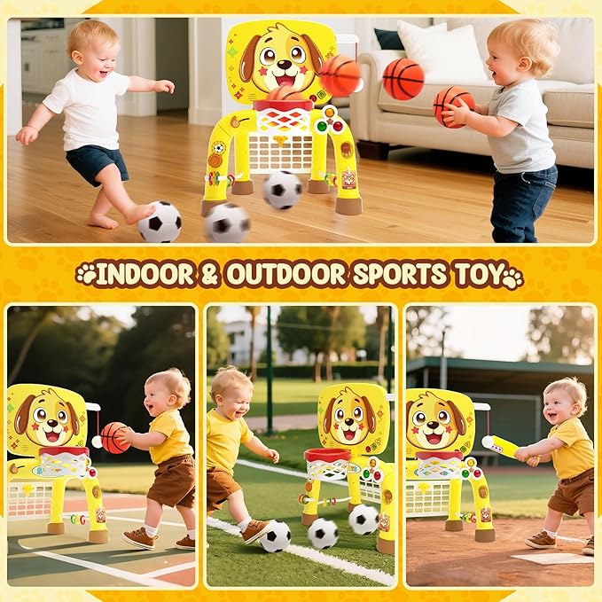 Toys for 1 Year Old Boy - Toddler Basketball Hoop & Soccer Goal & Baseball Activity Center with Light Sound Music, Puppy Montessori Sports Toy, Christmas Birthday Gift for Baby 12-18 Months, Yellow