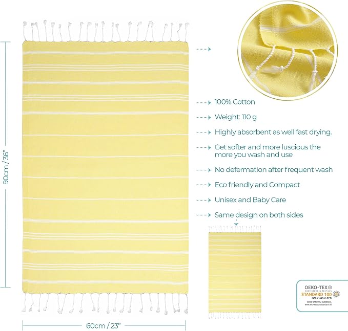 Cacala 100% Turkish Cotton Kitchen Tea Towels, Highly Absorbent Luxury Soft Quick Drying Dish Towel with Hanging Loop for Gym, Yoga, Bath, Sports, Cleaning and Kitchen (23 x 36), Light Yellow
