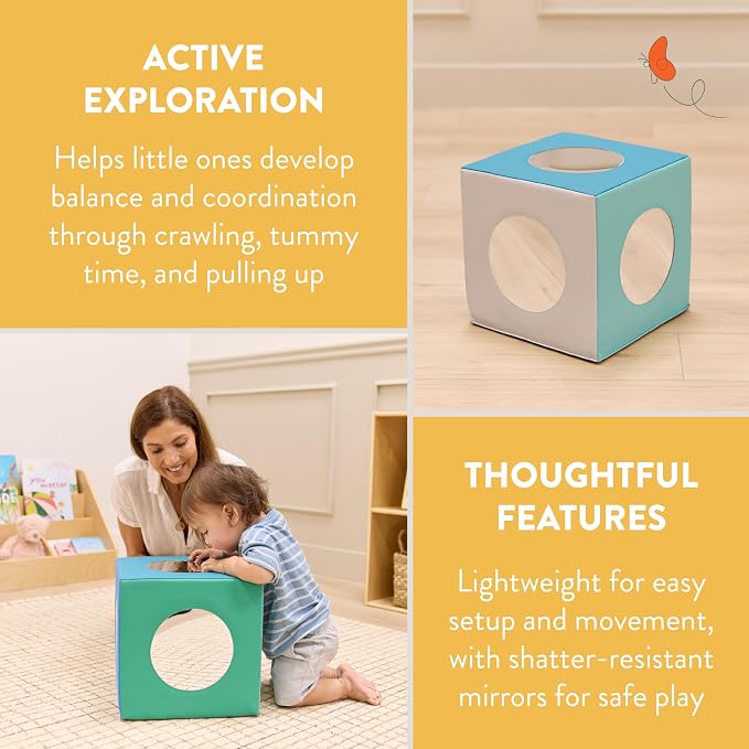 Back2School Express Peek ‘n’ See Sensory Activity Mirror Cube for Babies 6+ Months - Tummy Time Baby Mirror Toy, Infant Development Soft Foam Play Block, Montessori Baby Toys, Contemporary