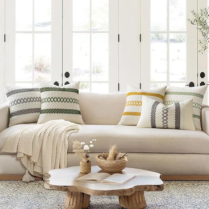 MIULEE Set of 2 Moss Green Boho Decorative Lumbar Pillow Covers 12x20 Inch | Farmhouse Couch Throw Pillows, Modern Cushion Covers, Macrame Woven Spring Decor for Bed Sofa Chair
