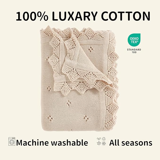 mimixiong Cotton Baby Blanket Knitted Crochet Receiving Crib Nursery Swaddling Blankets for Newborn Baby Boy Girl 30x40 Inch (Oatmeal)