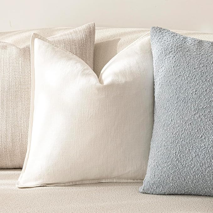 Foindtower Pack of 2, Decorative Linen Solid Throw Pillow Covers Soft Accent Cushion Case Boho Farmhouse Neutral Pillowcase for Chair Couch Sofa Bedroom Living Room Home Decor 16 x 16 Inch Cream White