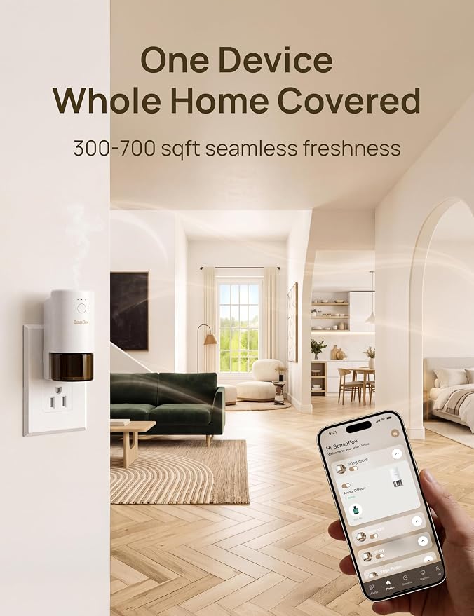 Essential Oil Diffuser for Home, Smart Waterless Aromatherapy Diffuser SF101S Pro, Plug in Room Scent with Timer & 120-Day Natural Aroma – Free 30ml HT N°6(Sage White)