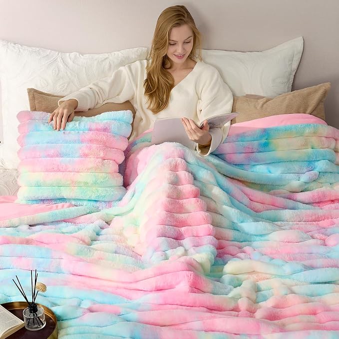 Cozy Bliss Faux Fur Throw Blanket for Couch, Cozy Warm Plush Striped Blanket for Sofa Bedroom Living Room, 90 * 90 InchesTie-dye Rainbow