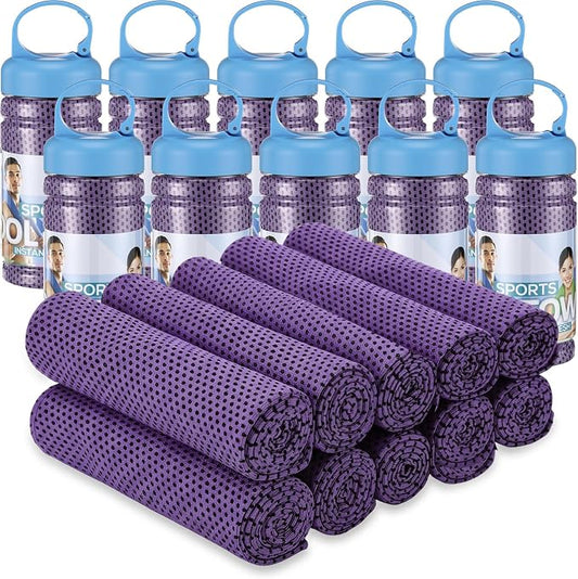 Honoson 10 Pcs Cooling Towels for Neck and Face, 47"x12" Sports Breathable Ice Towels Microfiber Chilly Sweat Rags with Portable Bottle for Gym Golf Athletes Yoga Workout Hot Weather (Purple)
