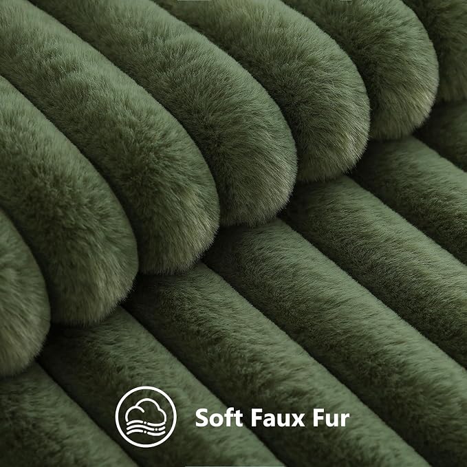 decorUhome Fall Faux Fur Throw Pillow Covers 22x22 Set of 2 Olive Green | Decorative Soft Cozy Striped Plush Modern Farmhouse Boho Couch Pillow Cases Velvet Back for Sofa Bed Living Room Home Decor