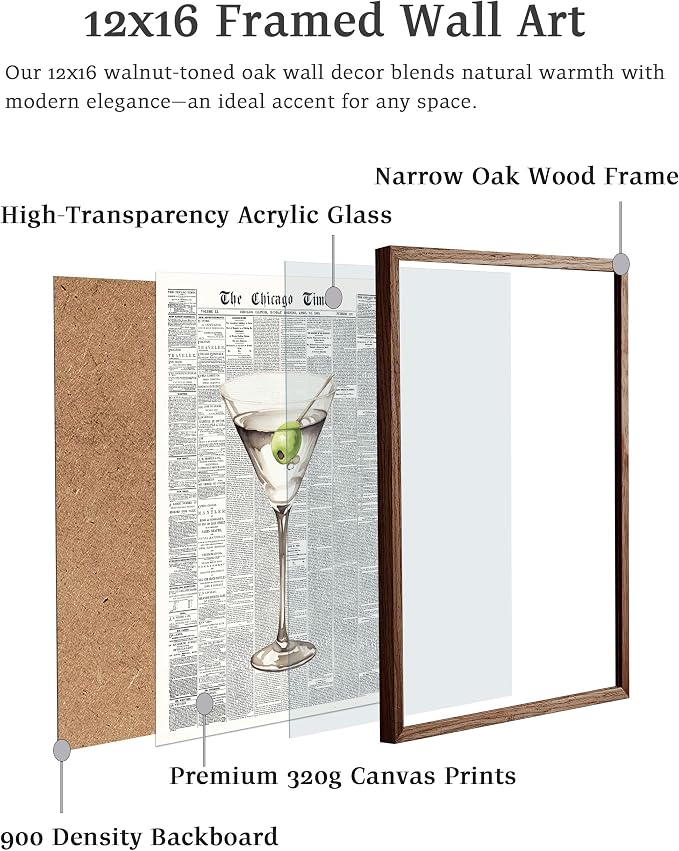 EcoHest 12x16 in Martini Newspaper Framed Wall Art for Bar Cart | Walnut Color Solid Oak Frame, Canvas Wall Art, Martini Bar Cart Decor for Living Room, Apartment, Dorm Room, Bedroom, 1Pack