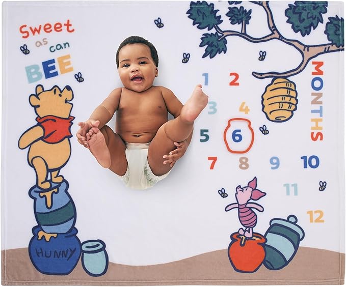NoJo Disney Winnie The Pooh White, Blue, and Yellow Sweet As Can Bee Super Soft Photo Op Milestone Baby Blanket