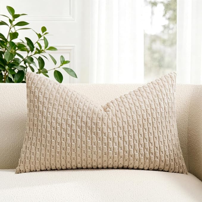 Kevin Textile Soft Corduroy 14"x24" Lumbar Pillow Cover 1 Pack, Beige | Boho Stripe Plush Corduroy Decorative Oblong Cushion Cover Modern Farmhouse Home Decor for Sofa Couch Bed Chair