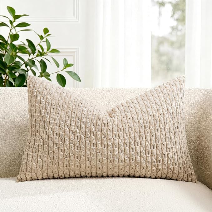Kevin Textile Soft Corduroy 12"x24" Lumbar Pillow Cover 1 Pack, Beige | Boho Stripe Plush Corduroy Decorative Oblong Cushion Cover Modern Farmhouse Home Decor for Sofa Couch Bed Chair