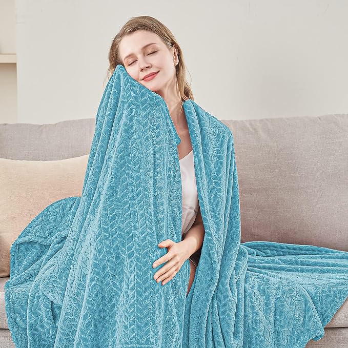inhand Blue Fleece Queen Blanket for Bed, Super Soft Flannel Cozy Blankets for Adults, Lightweight Leaves Pattern Fuzzy Blanket for Office,Travel, Warm Plush Blankets for All Season, 90x90 Inches