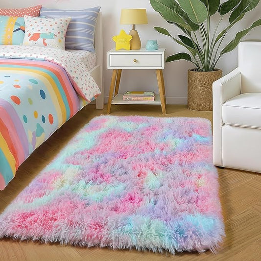 Amdrebio Rainbow 2x3 Small Area Rugs for Girls Bedroom Kids Room Decor, Pastel Colorful Rug for Playroom Preppy Dorm, Cute Unicorn Shaggy Rug for Baby Princess, Kawaii Fluffy Plush Carpet for Nursery